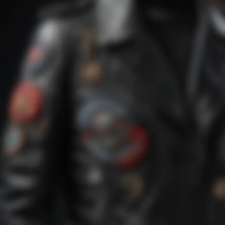 A close-up of a leather biker jacket adorned with patches and embellishments