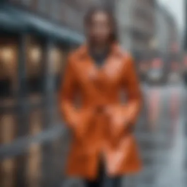 A woman walking confidently in the rain wearing a fashionable water-resistant coat.