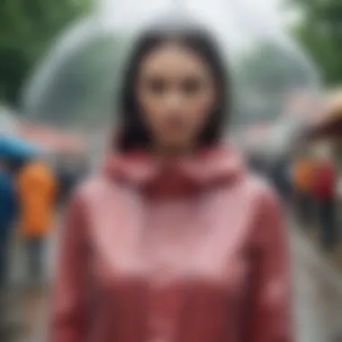 A fashionable individual wearing a transparent raincoat at an outdoor event, blending function with style.