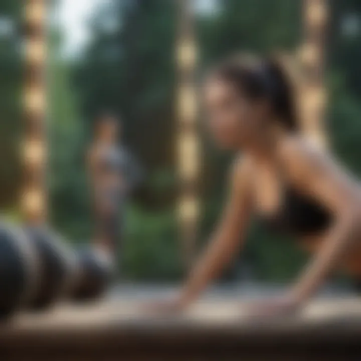 A model demonstrating the workout set in an outdoor fitness setting