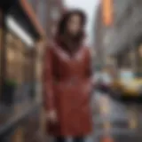 A stylish gallery raincoat with hood showcased in an urban setting