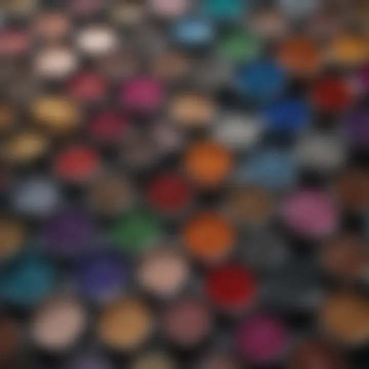 A close-up view of various glitter pigment eyeshadow shades arranged elegantly