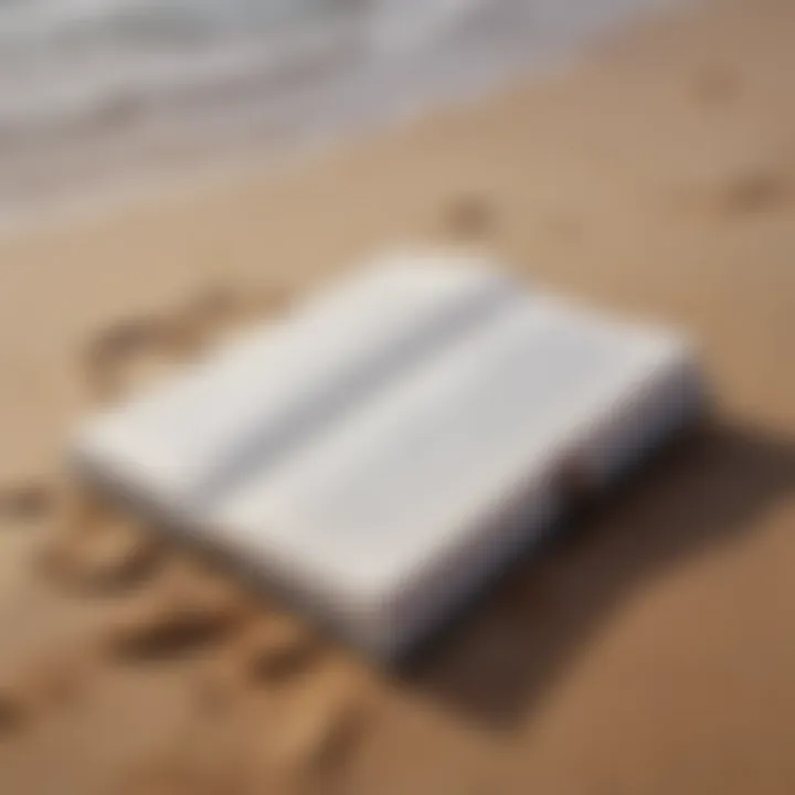 A close-up of an open book lying on a sandy beach