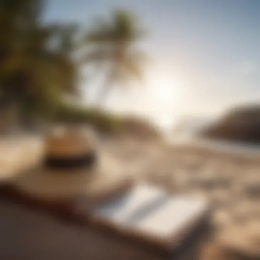 A serene beach setting with a stack of books and a sun hat