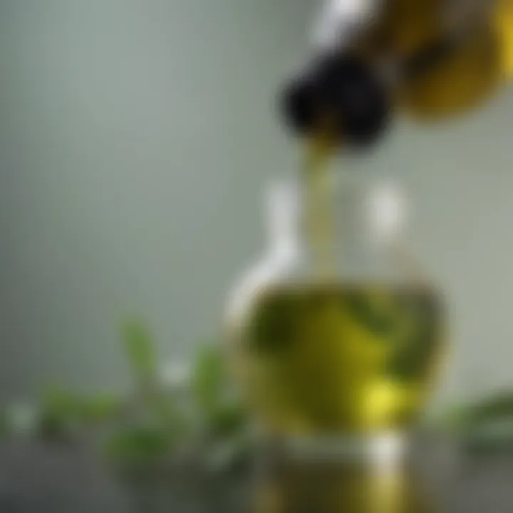 Close-up of green tea oil in a glass bottle