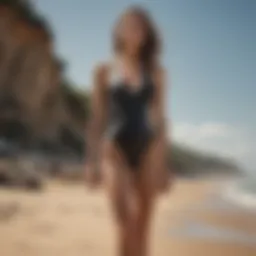 Elegant high leg swimsuit displayed on a sandy beach