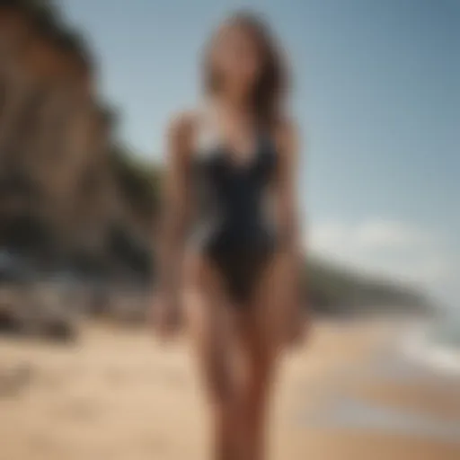 Elegant high leg swimsuit displayed on a sandy beach