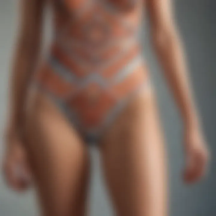 Close-up of intricate fabric patterns of a high leg swimsuit