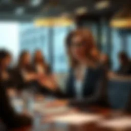 A powerful female leader in a corporate boardroom setting, discussing strategies with her team.
