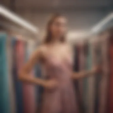 Smart Shopping at a Summer Sale Stylish woman browsing through a sale rack of dresses