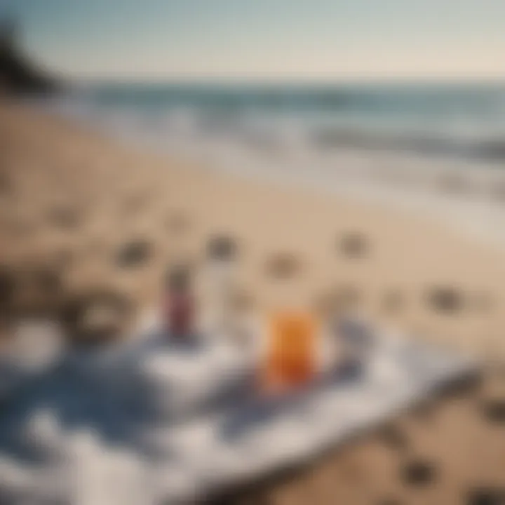 A serene beach setting with skincare products arranged on a towel