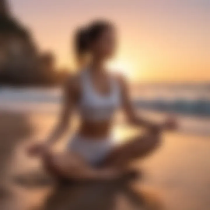 Woman practicing yoga on the beach during sunset