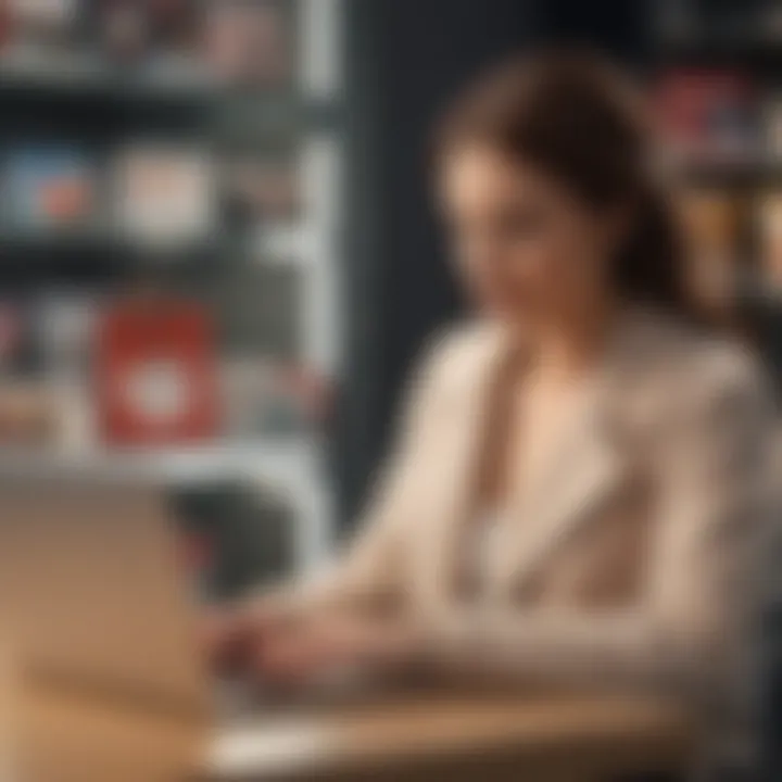 A cheerful shopper analyzing discounts on a laptop