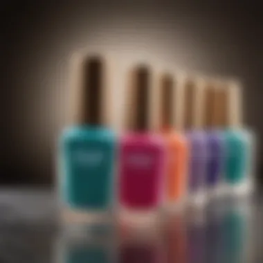 Close-up of vibrant nail polish bottles in spring colors