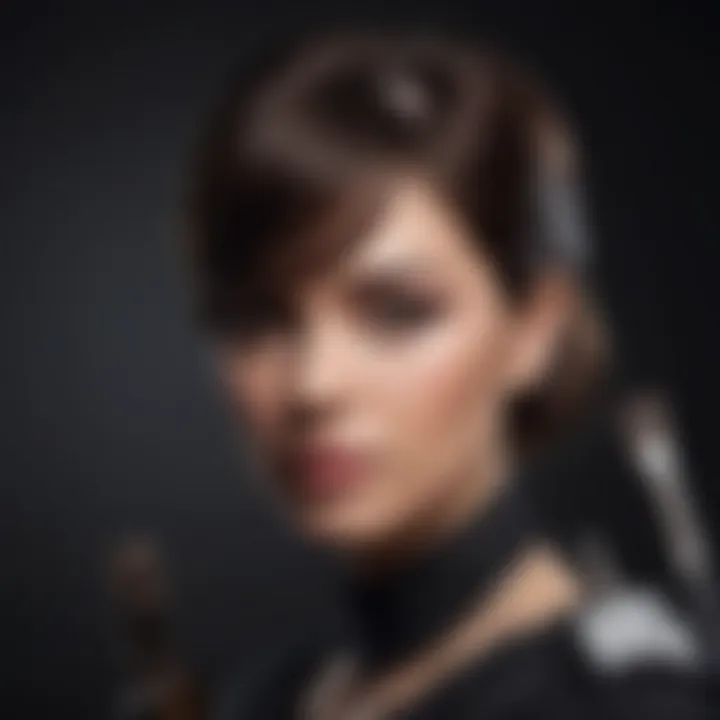 An artistic arrangement of hairstyling tools and products tailored for dark brown hair.