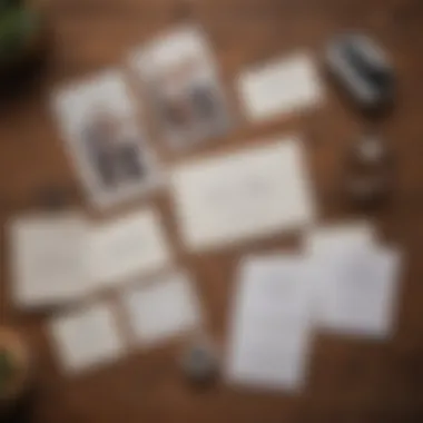 A selection of printed save the date cards laid out on a rustic table