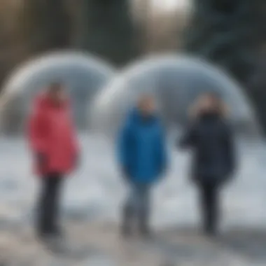 A winter scene featuring individuals enjoying outdoor activities while wearing bubble coats.