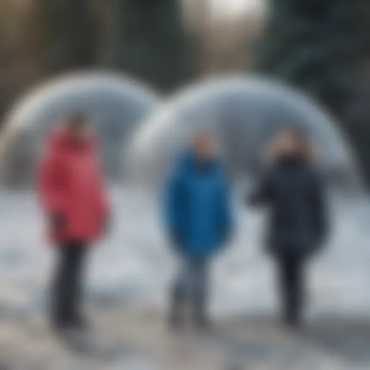 A winter scene featuring individuals enjoying outdoor activities while wearing bubble coats.