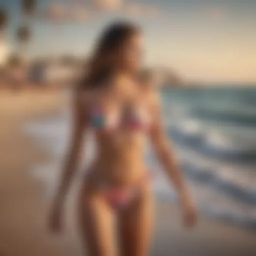 A chic open back bikini top displayed on a vibrant beach backdrop