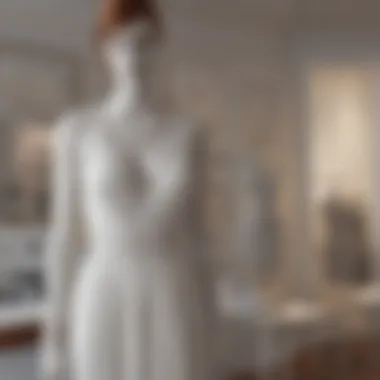 Elegant cool white dress on a mannequin in a boutique setting