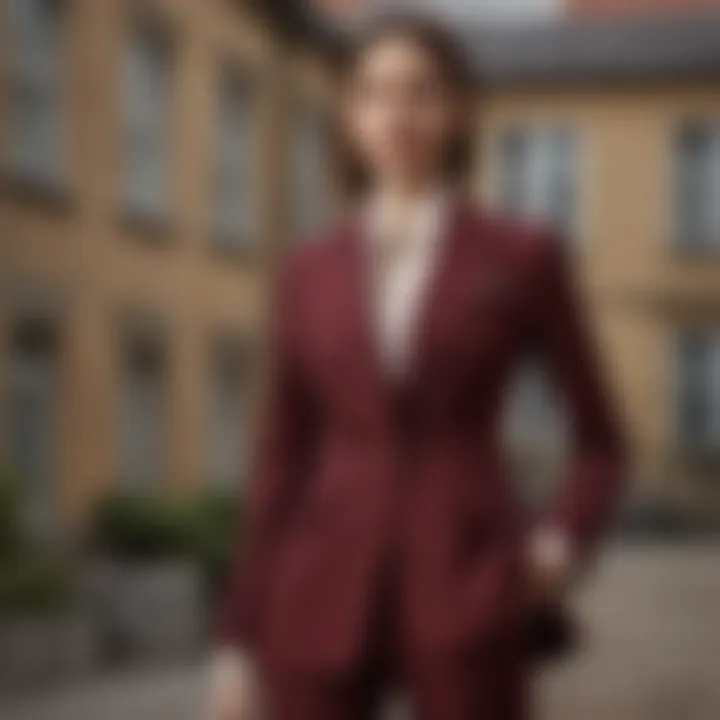 Fashionable outfit featuring a burgundy Burberry suit in an outdoor setting