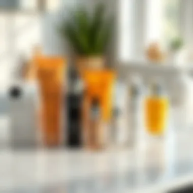 Array of age spot corrector products on a marble countertop