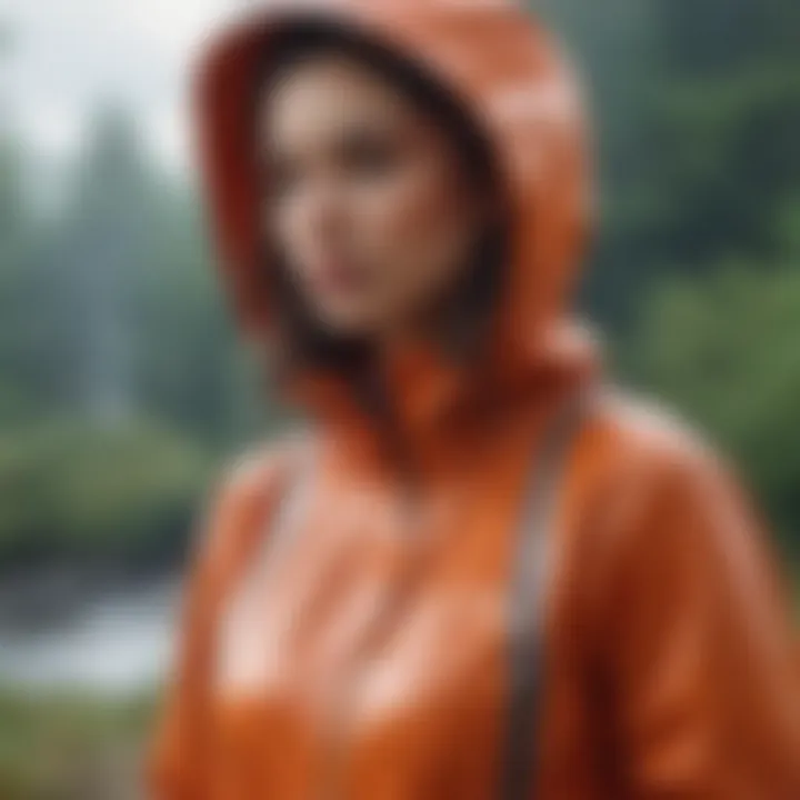 A fashionable outfit featuring a windbreaker rain coat in a natural setting