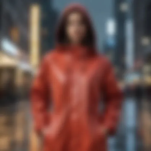 A stylish windbreaker rain coat displayed against a cityscape backdrop