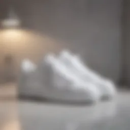 Stylish white sneakers on a trendy surface