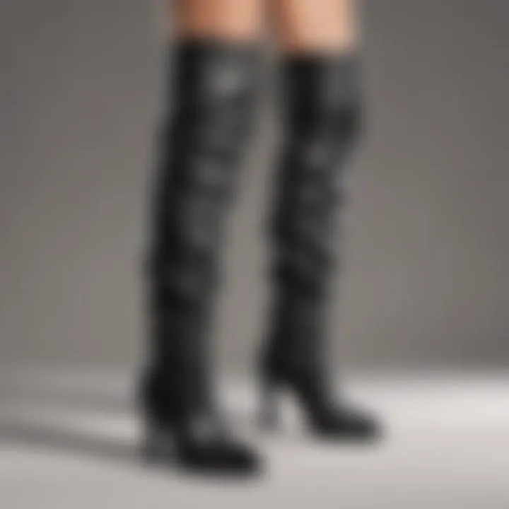 A collection of open toe knee high boots in various colors and materials.