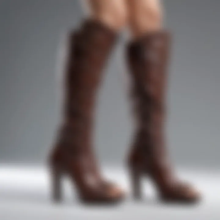 Close-up of detailed craftsmanship of open toe knee high boots.