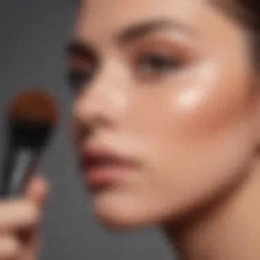 A makeup brush applying foundation on a flawless skin surface.