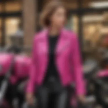 Fashionable outfit showcasing a hot pink moto jacket paired with accessories