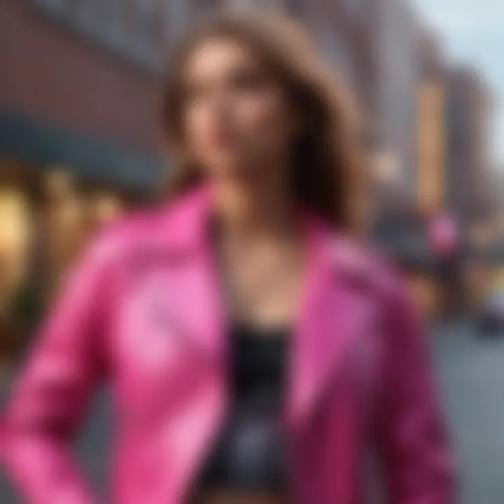 A model confidently wearing a hot pink moto jacket in an urban setting