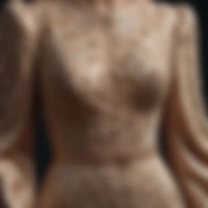 Close-up of rich fabric textures used in classic dresses with sleeves