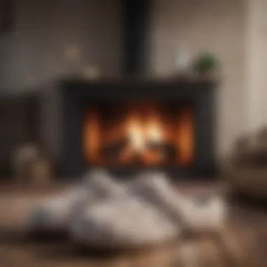 Cozy Knit Slippers Cozy knit slippers placed near a warm fireplace