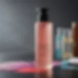 A clear toner bottle with vibrant hair swatches in the background