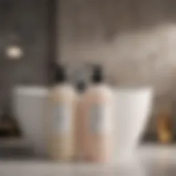 A serene bathroom setting showcasing a variety of non-sulfur shampoos.