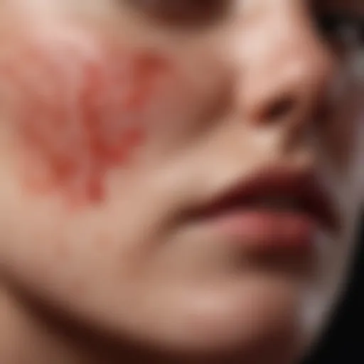 Close-up of inflamed red acne lesions on skin