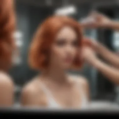 A person applying hair color conditioner in a mirror