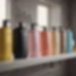 A range of clarifying shampoos displayed on a bathroom shelf.