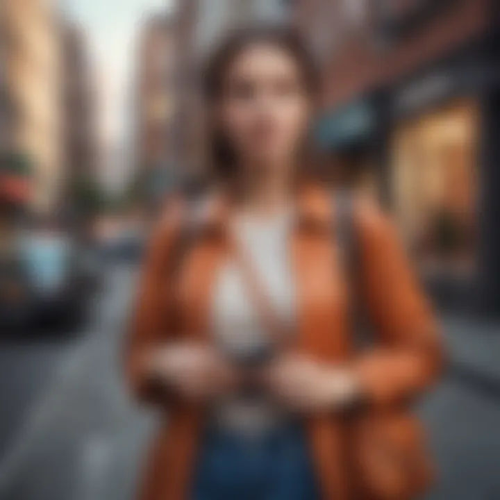 A woman wearing a phone organizer crossbody bag in an urban setting