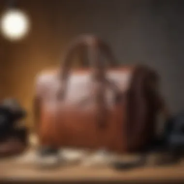 Stylish leather bag with essential work items arranged beside it