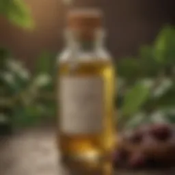 A close-up of castor oil in a glass bottle surrounded by fresh castor beans