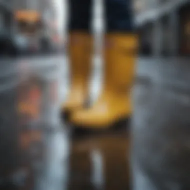 Functionality in Action: Navigating Wet Conditions User wearing walking rain boots while navigating through a puddle.
