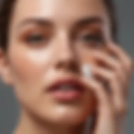 Close-up of a hand applying tinted sunscreen to a flawless complexion